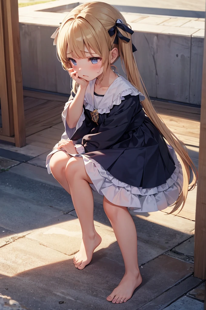 ((4K,masterpiece,Highest quality)),, A girl dressed modestly, alone, Weeping face,barefoot,Twin tails,kids,Sole
