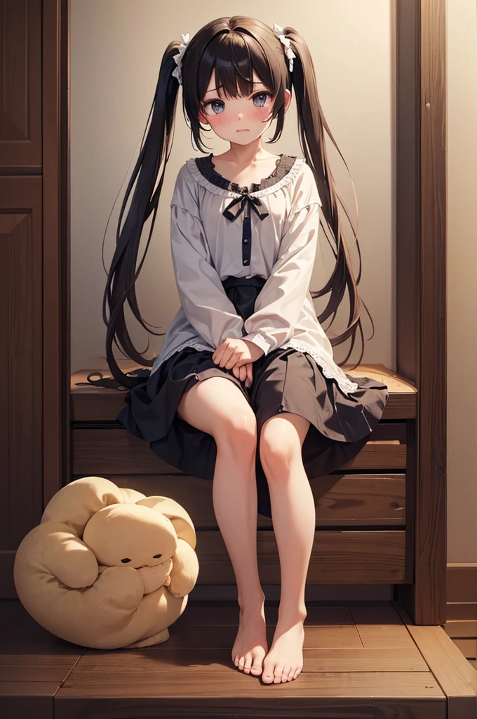 ((4K,masterpiece,Highest quality)),, A girl dressed modestly, alone, Weeping face,barefoot,Twin tails,kids,Sole