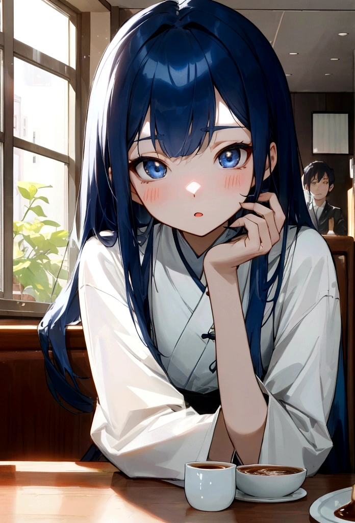 Li Jiaxian&#39;s photo of a Korean woman in a cafe，She sat at the table，Coffee in hand，Sunlight outside the window, Blue Hair, Dynamic poses, Texture, Pale skin, Glowing skin, (Slim, small:1.2), [:(Focus on the face, Delicate face, Perfect eyes, Looking at the audience:1.2):0.2], Reality, Film Grain, best quality, masterpiece 