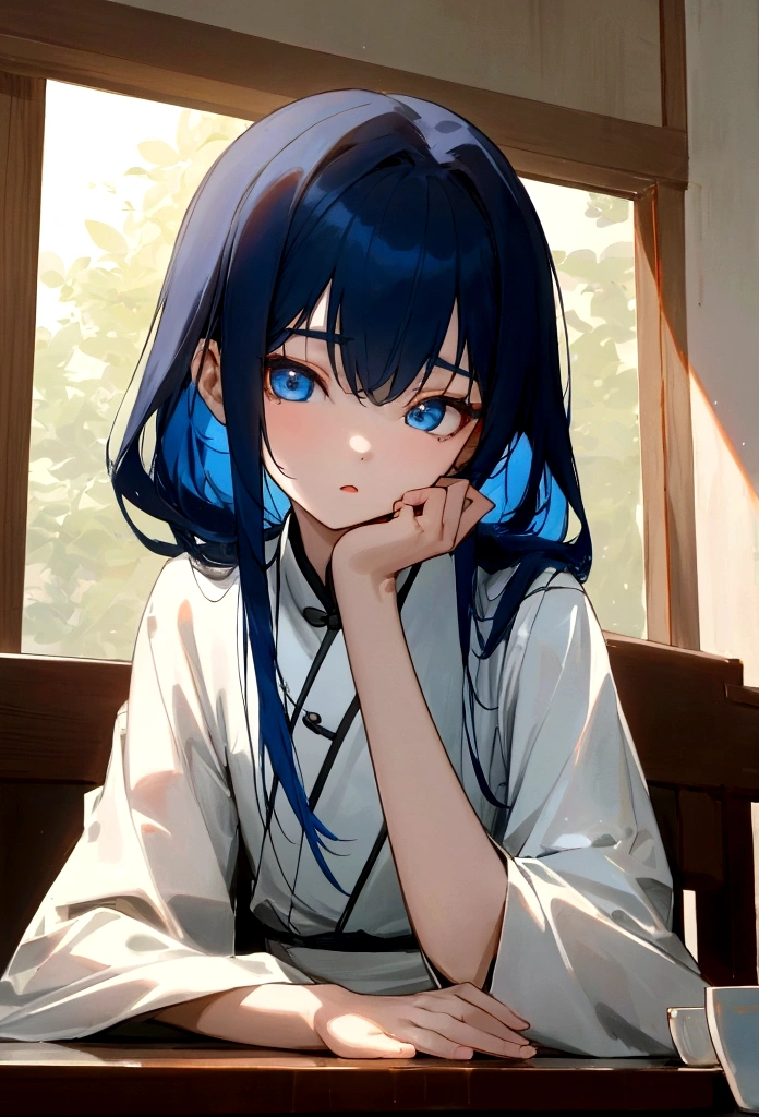 Li Jiaxian&#39;s photo of a Korean woman in a cafe，She sat at the table，Coffee in hand，Sunlight outside the window, Blue Hair, Dynamic poses, Texture, Pale skin, Glowing skin, (Slim, small:1.2), [:(Focus on the face, Delicate face, Perfect eyes, Looking at the audience:1.2):0.2], Reality, Film Grain, best quality, masterpiece 