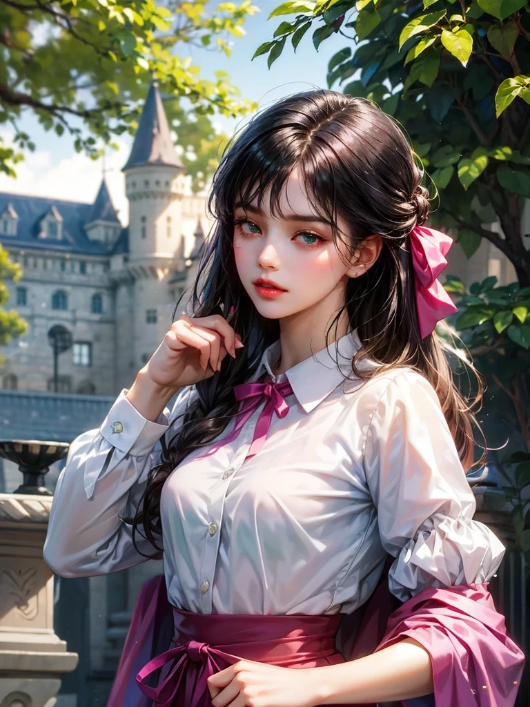 She wears a simple white shirt with fuchsia ribbon and a fuchsia shirt. Background a castle