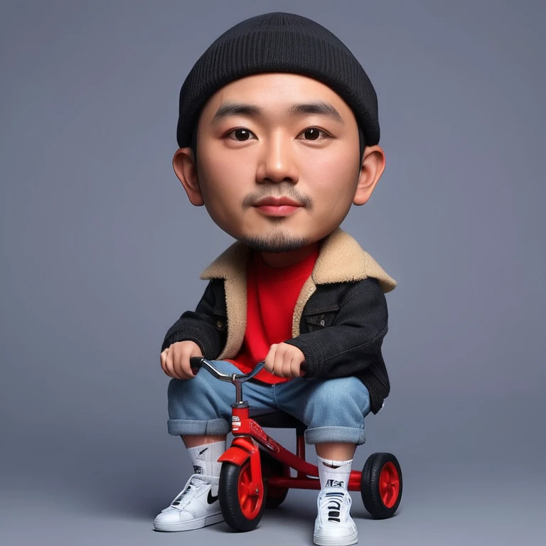 Photo real realistic 4D caricature, big head, full body, an adult man with an Asia face, 30 years old, clean face,oval face, neat undercut black hair, wearing a beanie hat, thick jacket,, wearing a red t-shirt, short jeans,, white socks, Nike Jordan shoes, pose sitting on a toy tricycle while facing the front, gray background 