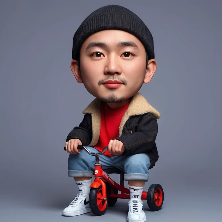 Photo real realistic 4D caricature, big head, full body, an adult man with an Asia face, 30 years old, clean face,oval face, neat undercut black hair, wearing a beanie hat, thick jacket,, wearing a red t-shirt, short jeans,, white socks, Nike Jordan shoes, pose sitting on a toy tricycle while facing the front, gray background