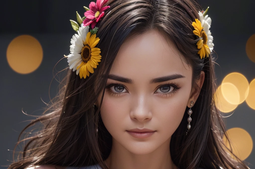 beautiful woman with flowers on her head, half-naked, striking colorful flowers, gray to black background, detailed face, hyper-realistic, 8k, ultra-detailed, (best quality,4k,8k,highres,masterpiece:1.2),ultra-detailed,(realistic,photorealistic,photo-realistic:1.37),HDR,UHD,studio lighting,ultra-fine painting,sharp focus,physically-based rendering,extreme detail description,professional,vivid colors,bokeh,portrait