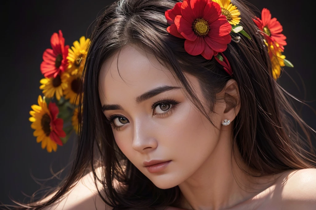 beautiful woman with flowers on her head, half-naked, striking colorful flowers, gray to black background, detailed face, hyper-realistic, 8k, ultra-detailed, (best quality,4k,8k,highres,masterpiece:1.2),ultra-detailed,(realistic,photorealistic,photo-realistic:1.37),HDR,UHD,studio lighting,ultra-fine painting,sharp focus,physically-based rendering,extreme detail description,professional,vivid colors,bokeh,portrait