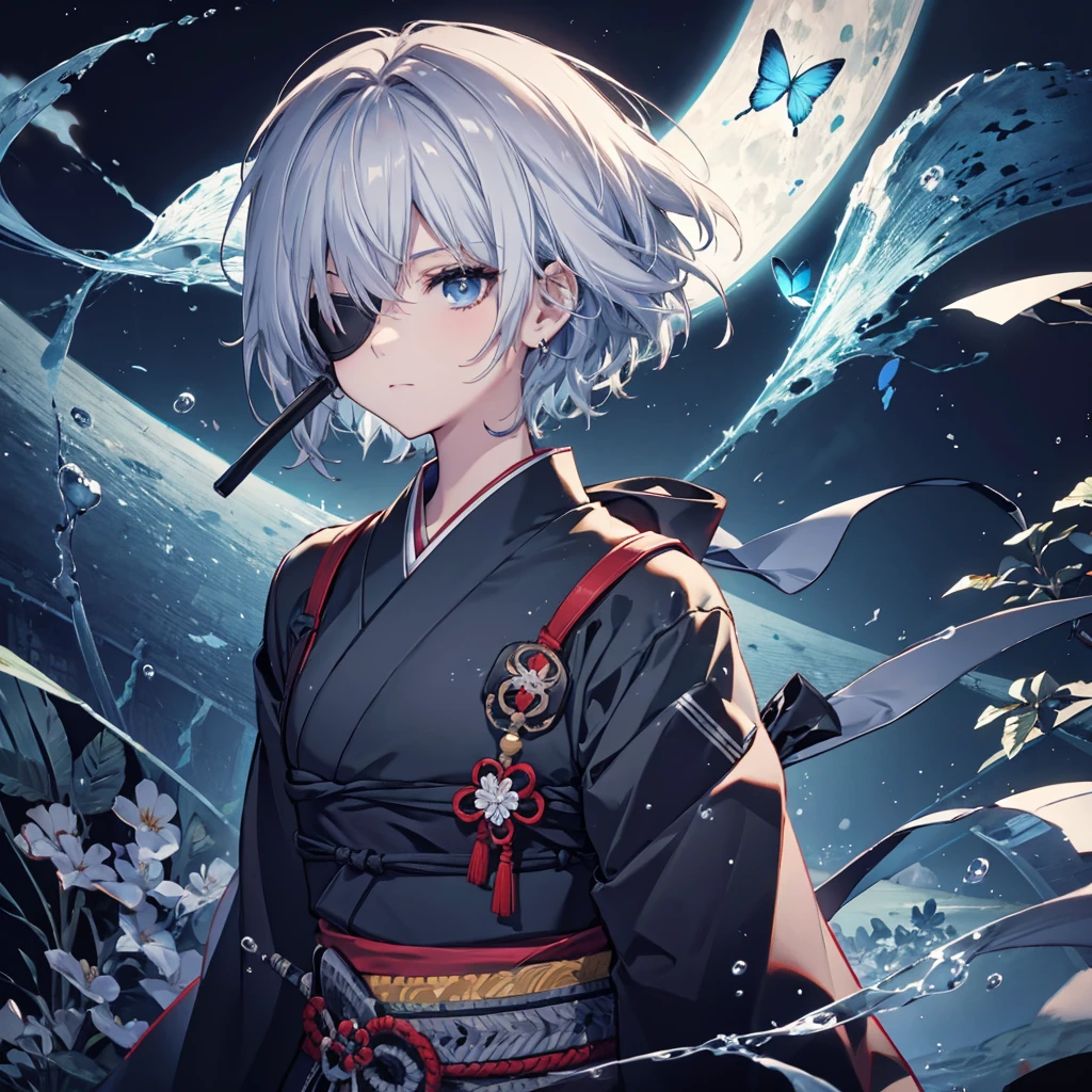 (((1 person　Put on an eye patch　Gray Hair)))　((High resolution　short hair　Black kimono　Shoulder　knifeを胸の前で構える))　((Black Band　samurai　Lonely　despair　blue eyes　Close-up))　((Blue Butterfly　night　Japanese style　old　Shining Aura　garden　water surface　Catch the wind))　(dance　日本knife　knife　Slashing)　moonlight　star　Draw your sword　Shining Background　Shining Edge