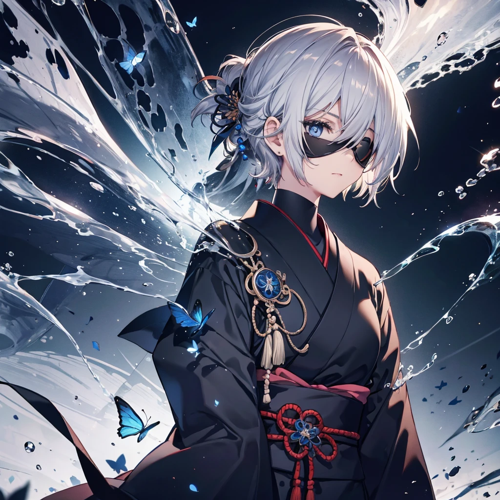 (((1 person Put on an eye patch Gray Hair))) ((High resolution short hair Black kimono Shoulder knifeを胸の前で構える)) ((Black Band samurai Lonely despair blue eyes Close-up)) ((Blue Butterfly night Japanese style old Shining Aura garden water surface Catch the wind)) (dance 日本knife knife Slashing) moonlight star Draw your sword Shining Background Shining Edge