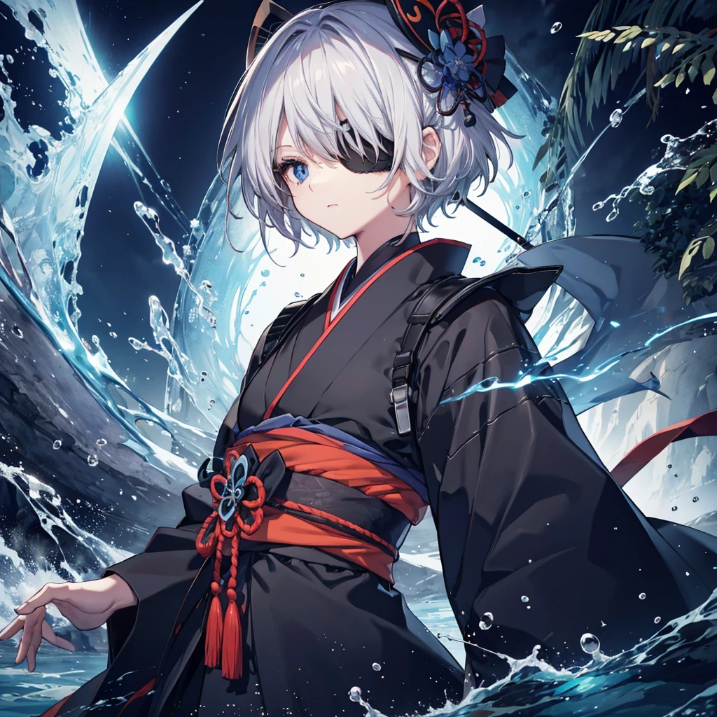 (((1 person　Put on an eye patch　Gray Hair)))　((High resolution　short hair　Black kimono　Shoulder　knifeを胸の前で構える))　((Black Band　samurai　Lonely　despair　blue eyes　Close-up))　((Blue Butterfly　night　Japanese style　old　Shining Aura　garden　water surface　Catch the wind))　(dance　日本knife　knife　Slashing)　moonlight　star　Draw your sword　Shining Background　Shining Edge