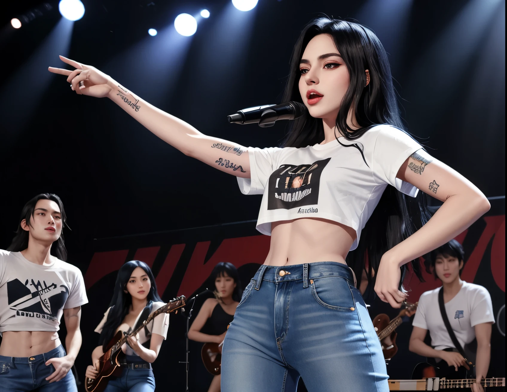 idol, black hair, long_hair with brown eyes, sing, microphone, on a bright stage concert with flashing lights on her body, pop star idol, blue white t shirt and blue denim jeans, lady gaga look alike, thin body, hour glass body, pale skin, 24 year old women, sharp jawline