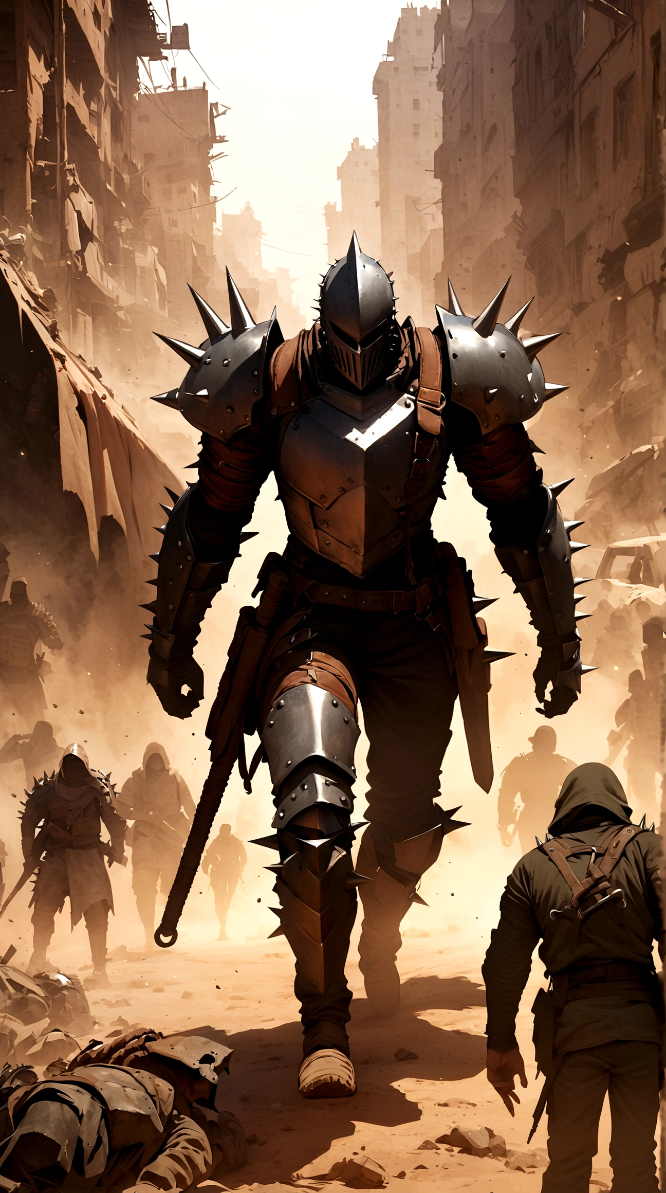 (masterpiece), best quality, faceless, hidden face, soldier, Male post apoclayptic, raider, Mad max armor, vey spiky and flashy armor, metal spikes, scrap armor, post apocalyptic scrap knight, Human bones in the armor, plate armor