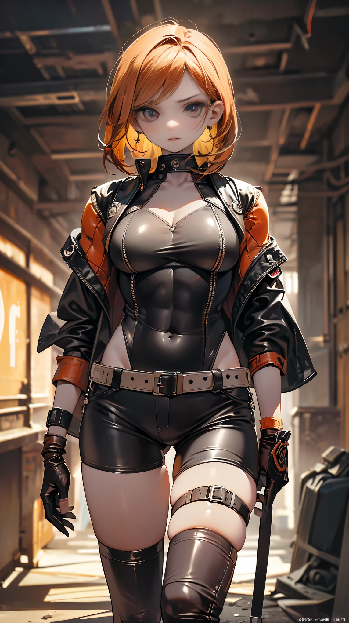 dark and torn, ((ung and beautiful muscular body in leather clothes:1.6)), fierce expression, holding a gun, (colors in your clothes, warm, ORANGE, yellow, Violet: 1.3), standing on a desolate field , dramatic lighting, intense shadows, sandy texture, high contrast, vibrant colors, dynamic pose, powerful posture, rough background, explosive atmosphere, dystopian theme, surreal elements, digitally painted illustration, high definition resolution, intricate details, dramatic composition, avant-garde and chaotic brushstrokes, Gothic style, intense emotions, epic scale, raw and gritty feeling, Captivating and provocative works of art..