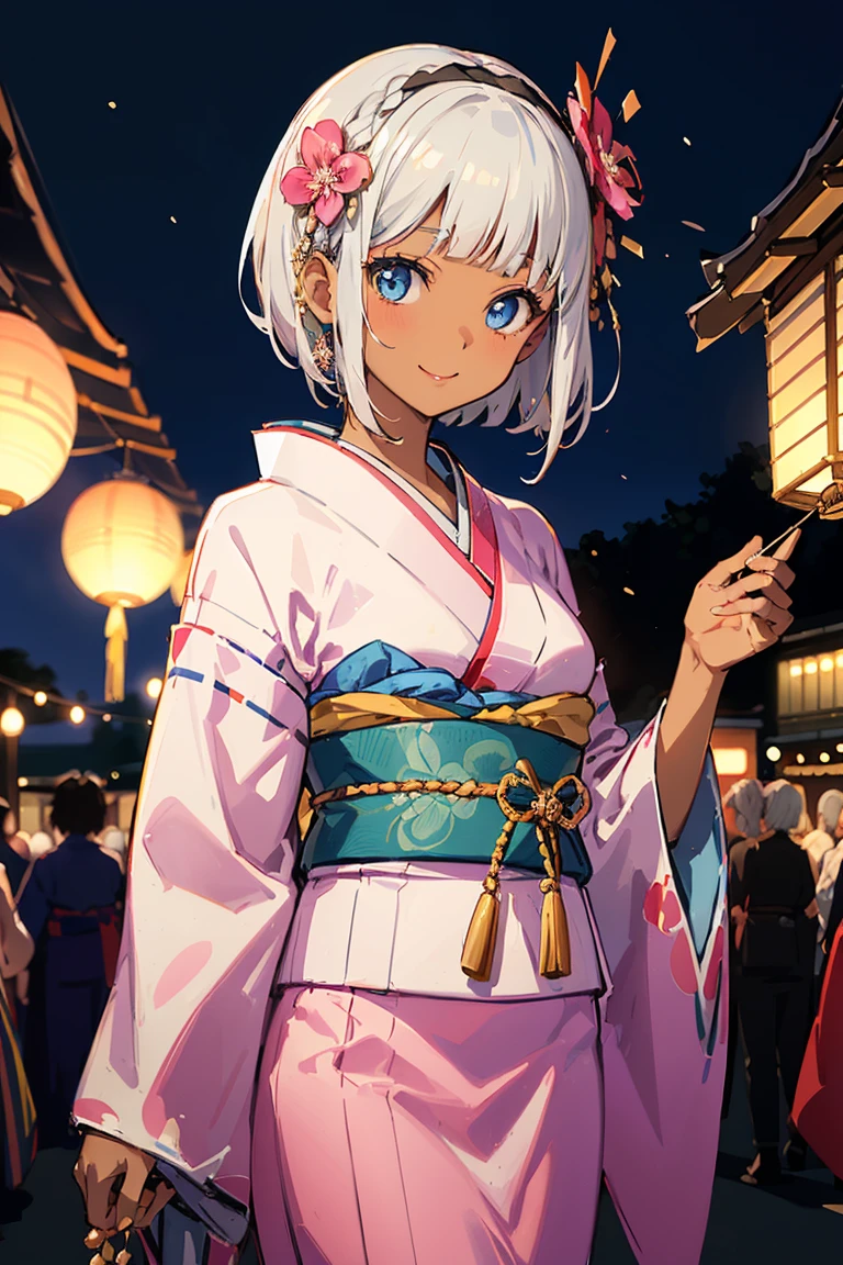 One Woman、Beautiful silver hair、((((Very short hair))))、French braids、skyblue eyes、Beautiful Eyes、(hair band)、(((Blunt bangs))), ((Medium Chest)), 24-years-old、 (((dark skin))), Tight waist, night、Fireworks display、Festival of the Japan、((Pink long-sleeved kimono))、Long flower hair ornament、cowboy shot、smile、Shallow depth of field
