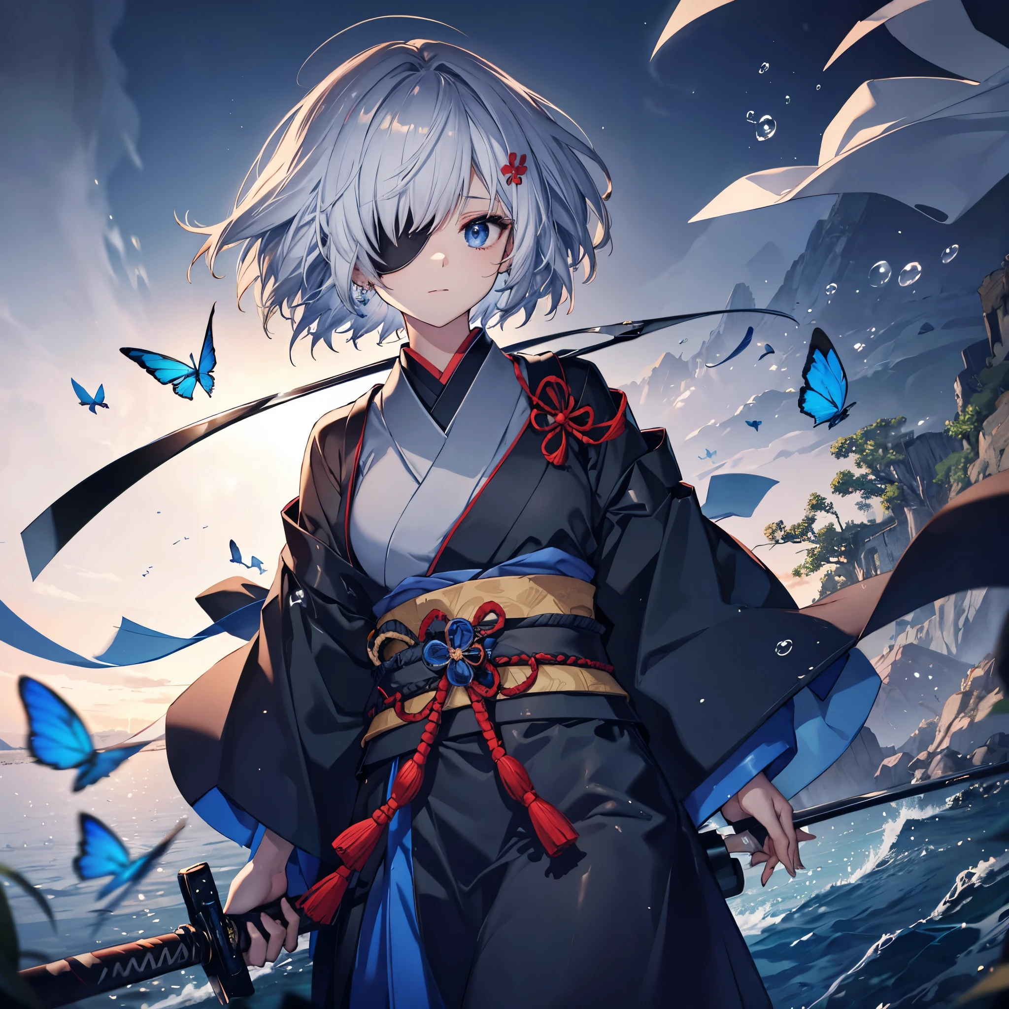 (((1 person Put on an eye patch Gray Hair))) ((High resolution short hair Black kimono Shoulder knifeを胸の前で構える)) ((Black Band samurai Lonely despair blue eyes Close-up)) ((Blue Butterfly night Japanese style old Shining Aura garden water surface Catch the wind)) (dance 日本knife knife Slashing) moonlight star Draw your sword Shining Background Shining Edge