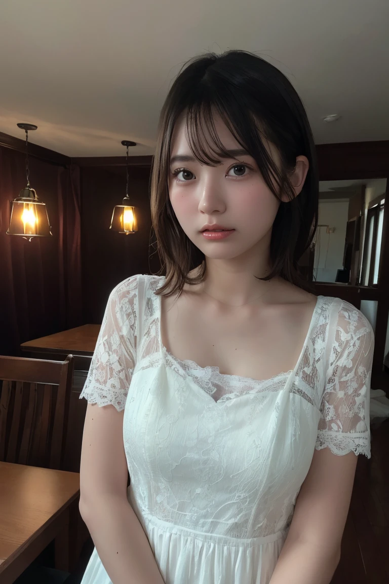 (Highest quality:1.4),(masterpiece:1.4),(Realistic:1.4),(Realistic:1.2),(超High resolution, RAW Photos:1.4),(High resolution, Ultra-detailed:1.2),(8K:1.2),View your viewers,Cinematic photography,a photo of a dark-haired,One girl,alone,((Lace dress,View from the front)),skeletally correct,(Western-style building interior,Dimly lit room,The lamplight shines on my cheeks)