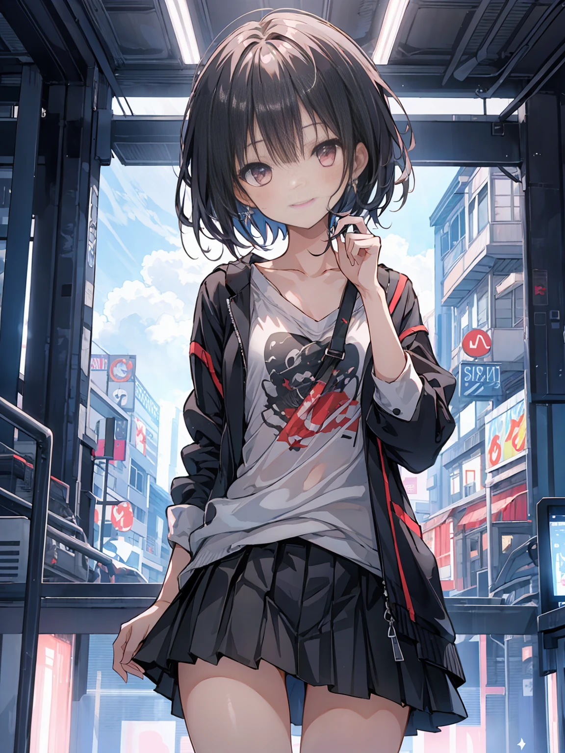 (masterpiece, highest quality, highest quality, (No text), Beautiful and aesthetic:1.2),No text,アニメ、 BREAK,One Girl，Short black hair　Beautiful eyes　Red eyes　smile　cute　Black jacket　mini skirt　whole body　night