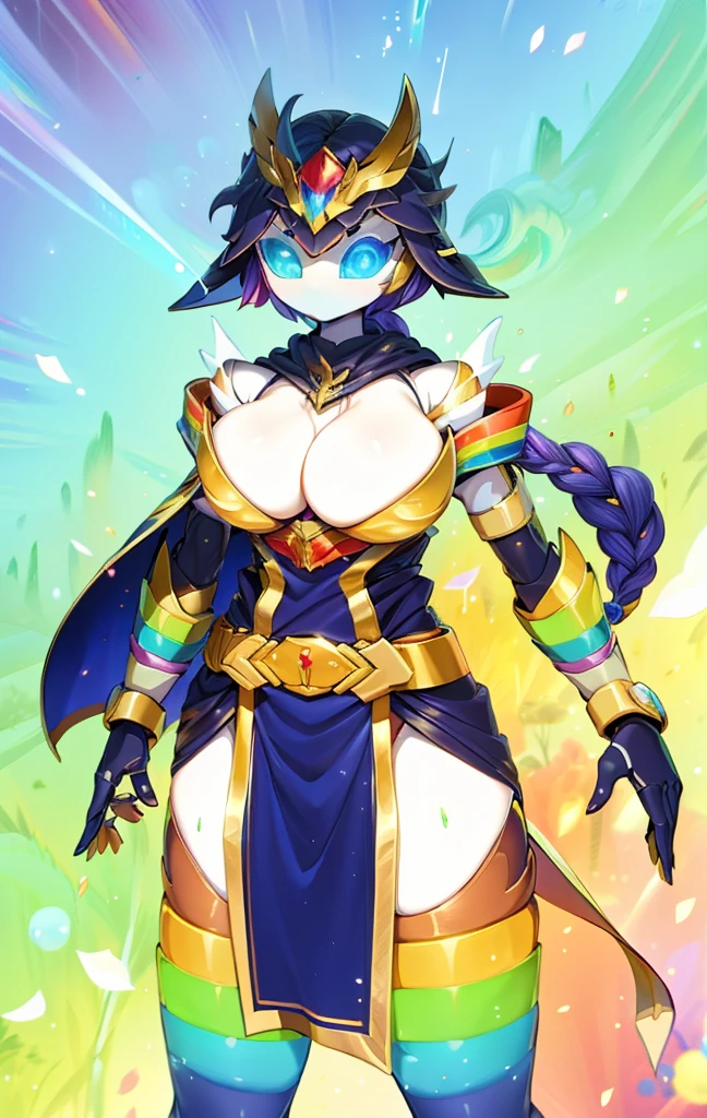 quality\(8K,Extremely detailed CG unit wallpaper, masterpiece,high resolution,top-quality,top-quality real texture skin,Surrealism,提high resolution,RAW photos,Best quality,Very detailed,,light,Ray Tracing,Golden Ratio\),Mechanical Girl,Doll girl,Glowing eyes,Doll eyes,matriarchal,braid,垂在胸侧的braid,mature body,Mature system,cloak,小cloak,小cloak,bandeau outfit,Off-shoulder dress,Strapless dress style,cute,gentle,gentle,kindliness,Slender figure,Close-up above the waist,Big breasts,Big Tits,belt,机械belt,Tights,Tights,宝石belt,宝石belt,White skin,White underwear,袍子front swing,front swing,Gradient over-the-knee socks,Nude Apron,Rainbow gradients,Gradient color arm guard,Gradient color sleeves