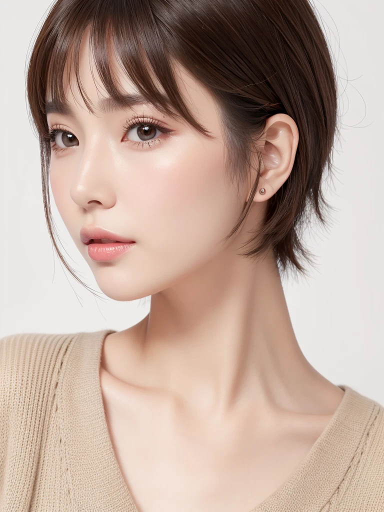 (Highest quality、Tabletop、8K、Best image quality、Award-winning works)、((profile:1.3))、ear、((short hair:1.3)),(Brown Hair)、(White casual clothes:1.2)、(The simplest pure white background:1.3)、(Perfectly fixed in front:1.1),(Portrait with space:1.3)、Beautiful and detailed、Perfect Makeup、Ultra-high definition beauty face、Ultra HD Hair、Ultra-high definition sparkling eyes、Ultra-high quality glossy lips、Accurate anatomy、Very beautiful skin、(Pure white skin shining in ultra-high resolution:1.1)、(Very bright:1.2),Big Natural Color Lip、Lip gloss,Harajuku、cute、cute美人