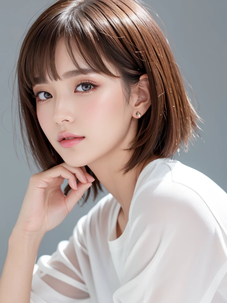 (Highest quality、Tabletop、8K、Best image quality、Award-winning works)、((profile:1.3))、ear、((short hair:1.3)),(Brown Hair)、(White casual clothes:1.2)、(The simplest pure white background:1.3)、(Perfectly fixed in front:1.1),(Portrait with space:1.3)、Beautiful and detailed、Perfect Makeup、Ultra-high definition beauty face、Ultra HD Hair、Ultra-high definition sparkling eyes、Ultra-high quality glossy lips、Accurate anatomy、Very beautiful skin、(Pure white skin shining in ultra-high resolution:1.1)、(Very bright:1.2),Big Natural Color Lip、Lip gloss,Harajuku、cute、cute美人