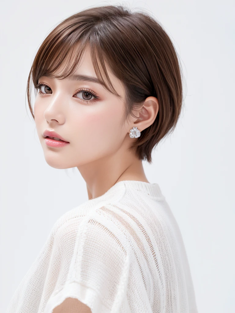 (Highest quality、Tabletop、8K、Best image quality、Award-winning works)、((profile:1.3))、ear、((short hair:1.3)),(Brown Hair)、(White casual clothes:1.2)、(The simplest pure white background:1.3)、(Perfectly fixed in front:1.1),(Portrait with space:1.3)、Beautiful and detailed、Perfect Makeup、Ultra-high definition beauty face、Ultra HD Hair、Ultra-high definition sparkling eyes、Ultra-high quality glossy lips、Accurate anatomy、Very beautiful skin、(Pure white skin shining in ultra-high resolution:1.1)、(Very bright:1.2),Big Natural Color Lip、Lip gloss,Harajuku、cute、cute美人