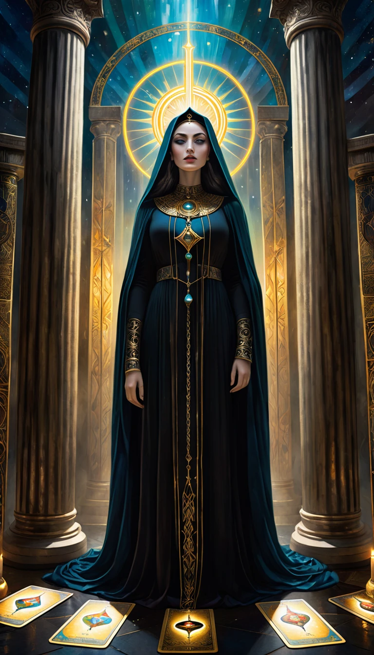 tarot card, the priestess, woman between two columns, one white column and one black column, full frames of tarot cards, (text on card: "LA SACERDOTISA"), by dave mckean, oil, bright colors, masterpiece, hyper detailed, cinematic lighting, photorealistic, 8k, sharp focus, dramatic, mystical, occult, spiritual, ethereal, enchanting, surreal, fantastical, mesmerizing, atmospheric, moody, atmospheric, fantastical, mysterious, captivating, striking, compelling, alluring, hypnotic, bewitching, evocative, powerful, emotive