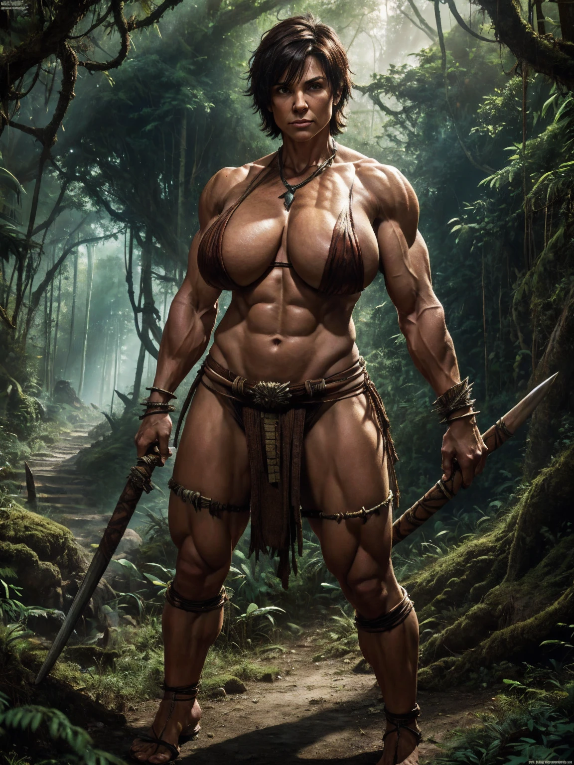 HDR, 8k, best quality, High resolution, Realistic, mature female (tomboy) with muscular body, giant breast, strong muscle, short hair, big breast, huge breast, full body, perfect body, standing pose, tribal barbarian costume, bone accessories, forest jungle