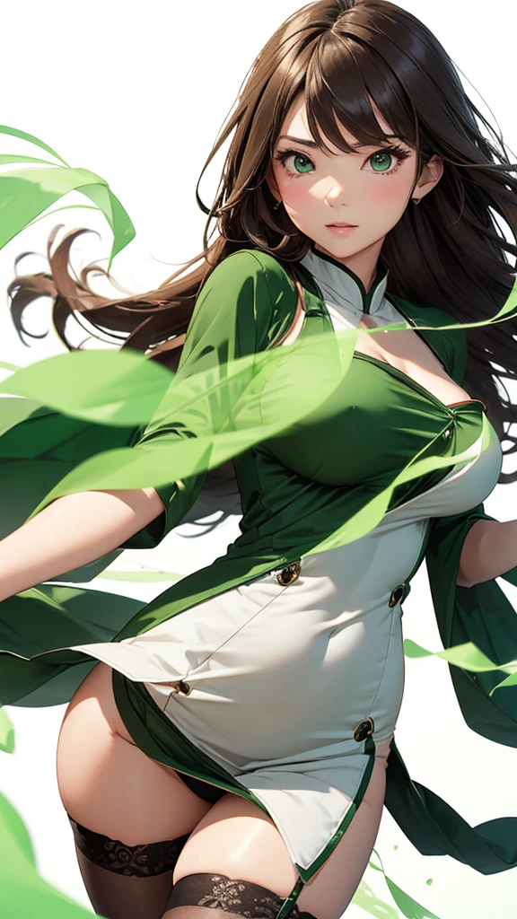 random angle image, brush drawing image, half body close portrait image, beautiful busty Asian female teen, aged 20, soft skin colour, flowing long braid brown hair, wearing green slim fit short maid dress with stockings, dynamic pose, green smoke lines behind, white background, 8K resolution