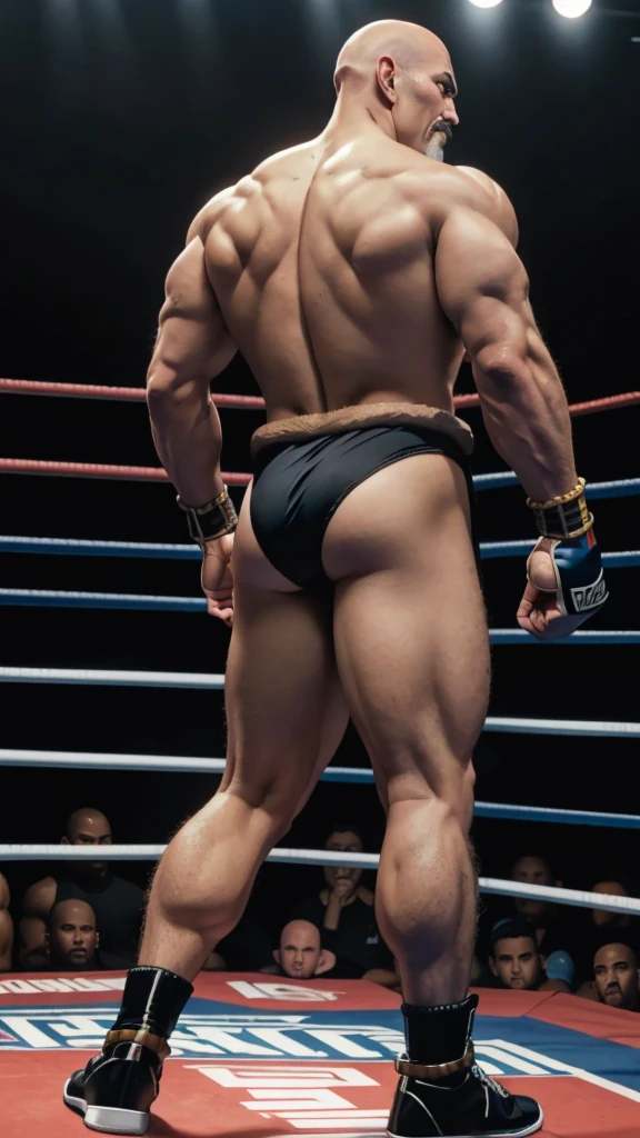 nappa, male focus, solo, 1boy, bald , muscular male, bulk , abs ,black vambraces, veins, pectorals, thighs, black eyes , mustache, (( black micro-thongs )) , tail around waist, (best quality, masterpiece) , full body , NSFW , black boots , dark skin , backside , boxing gloves , boxing ring