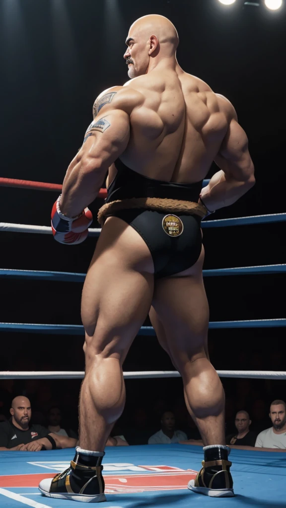 nappa, male focus, solo, 1boy, bald , muscular male, bulk , abs ,black vambraces, veins, pectorals, thighs, black eyes , mustache, (( black micro-thongs )) , tail around waist, (best quality, masterpiece) , full body , NSFW , black boots , dark skin , backside , boxing gloves , boxing ring