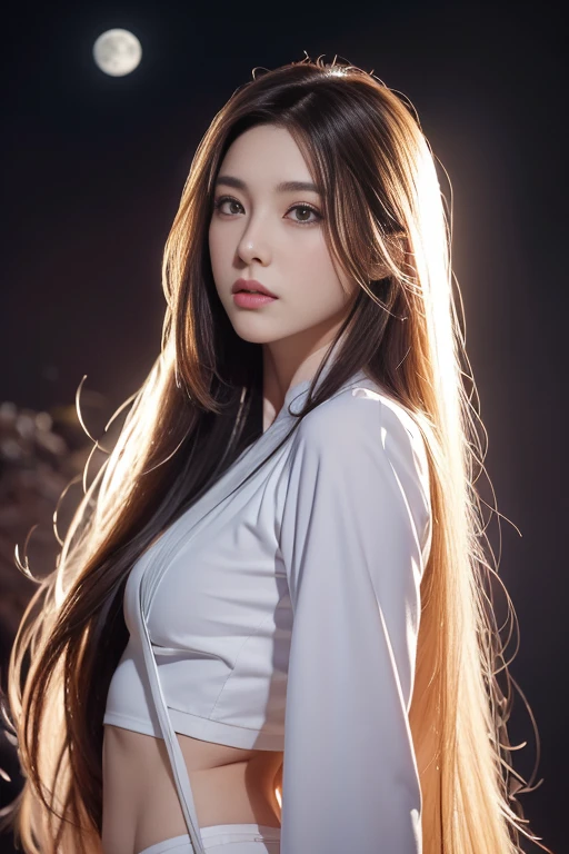 table top, Highest quality, (alone Focus), (perfect face:1.1), (Highly detailed:1.1), (ดวงตาที่มีHighly detailed), Amazing, ผู้ชายที่มีผิวสีซีดและlong hairสีขาวcarryาดใหญ่, timid, alone, long hair, Sephiroth, moon, nighttime, white elegant suit, Cover the navel, pouty lips, carry, An arrogant expression., สวนrose, Detailed background, Art by Artgerm, movie light, rose, fashion, Balenciaga style
