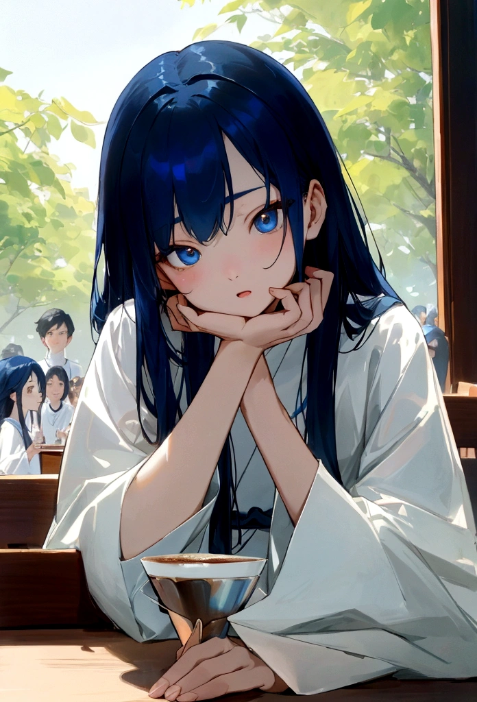 Li Jiaxian&#39;s photo of a Korean woman in a cafe，She sat at the table，Coffee in hand，Sunlight outside the window, Blue Hair, Dynamic poses, Texture, Pale skin, Glowing skin, (Slim, small:1.2), [:(Focus on the face, Delicate face, Perfect eyes, Looking at the audience:1.2):0.2], Reality, Film Grain, best quality, masterpiece 