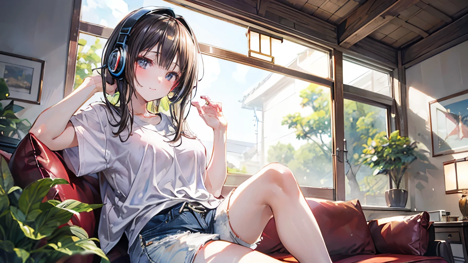 (Best quality, 8k, 32k, Masterpiece, UHD,:1.2),RAW, human, 1girl,ultra cute , ultra cute, natural lighting, transparent shining eyes, 20yo, medium breast ,femur, A sexy Japanese girl, wearing large headphones, a white T-shirt, and denim hot pants, is sitting on a sofa watching a movie. The room has large potted plants and is illuminated by soft lighting.