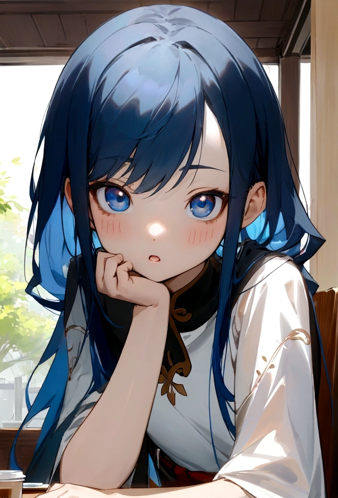 Li Jiaxian&#39;s photo of a Korean woman in a cafe，She sat at the table，Coffee in hand，Sunlight outside the window, Blue Hair, Dynamic poses, Texture, Pale skin, Glowing skin, (Slim, small:1.2), [:(Focus on the face, Delicate face, Perfect eyes, Looking at the audience:1.2):0.2], Reality, Film Grain, best quality, masterpiece 