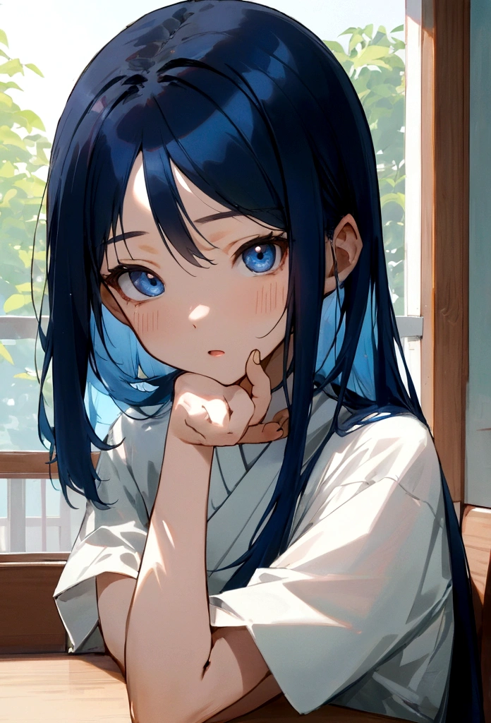 Li Jiaxian&#39;s photo of a Korean woman in a cafe，She sat at the table，Coffee in hand，Sunlight outside the window, Blue Hair, Dynamic poses, Texture, Pale skin, Glowing skin, (Slim, small:1.2), [:(Focus on the face, Delicate face, Perfect eyes, Looking at the audience:1.2):0.2], Reality, Film Grain, best quality, masterpiece 