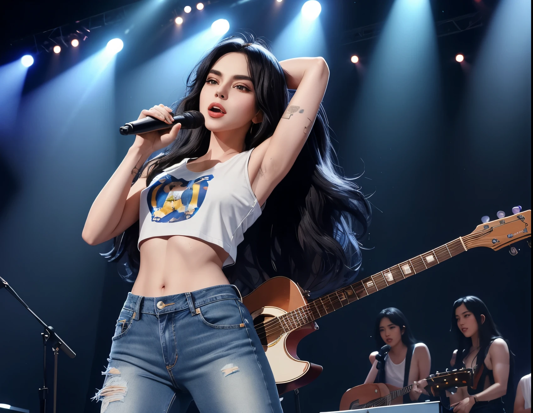 idol, black hair, long_hair with brown eyes, sing, microphone, on a bright stage concert with flashing lights on her body, pop star idol, blue white t shirt and blue denim jeans, lady gaga look alike, thin body, hour glass body, pale skin, 24 year old women, sharp jawline