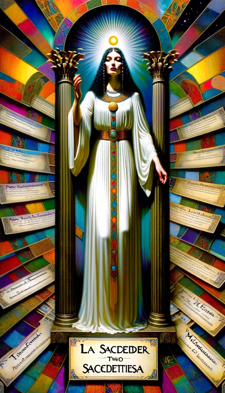 tarot card, the priestess, woman between two columns, one white column and one black column, FULL frames of tarot cards ((text on card: "LA SACERDOTISA")) (by dave mckean, intricate details, oil). bright colors, oil paint)
