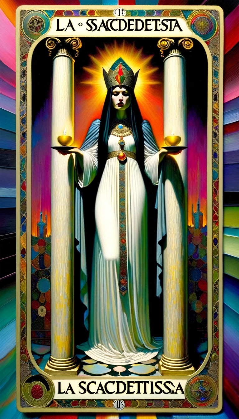tarot card, the priestess, woman between two columns, one white column and one black column, FULL frames of tarot cards ((text on card: "LA SACERDOTISA")) (by dave mckean, intricate details, oil). bright colors, oil paint)