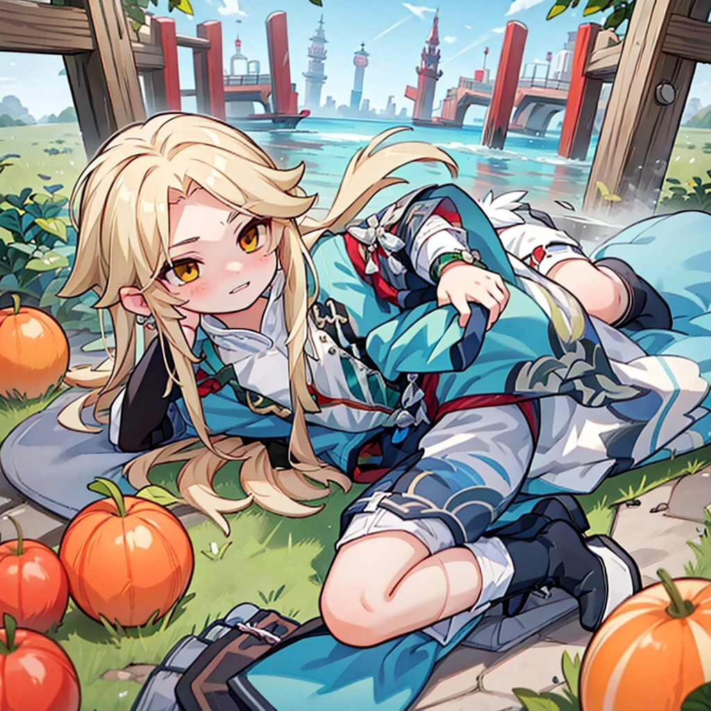 Character design, many poses, young man with long blond hair, clothes of fur made for the cold in medieval style, (detailed), perfect face, anime style, 2D, green, orange, red