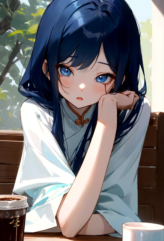 Li Jiaxian&#39;s photo of a Korean woman in a cafe，She sat at the table，Coffee in hand，Sunlight outside the window, Blue Hair, Dynamic poses, Texture, Pale skin, Glowing skin, (Slim, small:1.2), [:(Focus on the face, Delicate face, Perfect eyes, Looking at the audience:1.2):0.2], Reality, Film Grain, best quality, masterpiece 