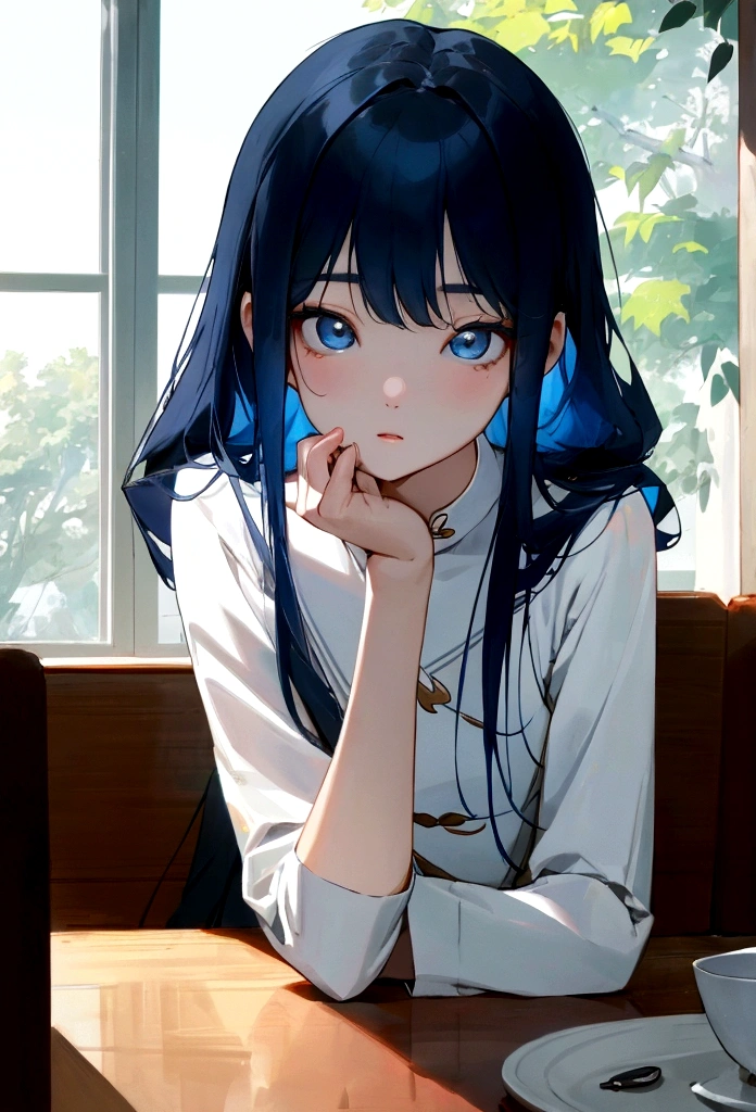 Li Jiaxian&#39;s photo of a Korean woman in a cafe，She sat at the table，Coffee in hand，Sunlight outside the window, Blue Hair, Dynamic poses, Texture, Pale skin, Glowing skin, (Slim, small:1.2), [:(Focus on the face, Delicate face, Perfect eyes, Looking at the audience:1.2):0.2], Reality, Film Grain, best quality, masterpiece 