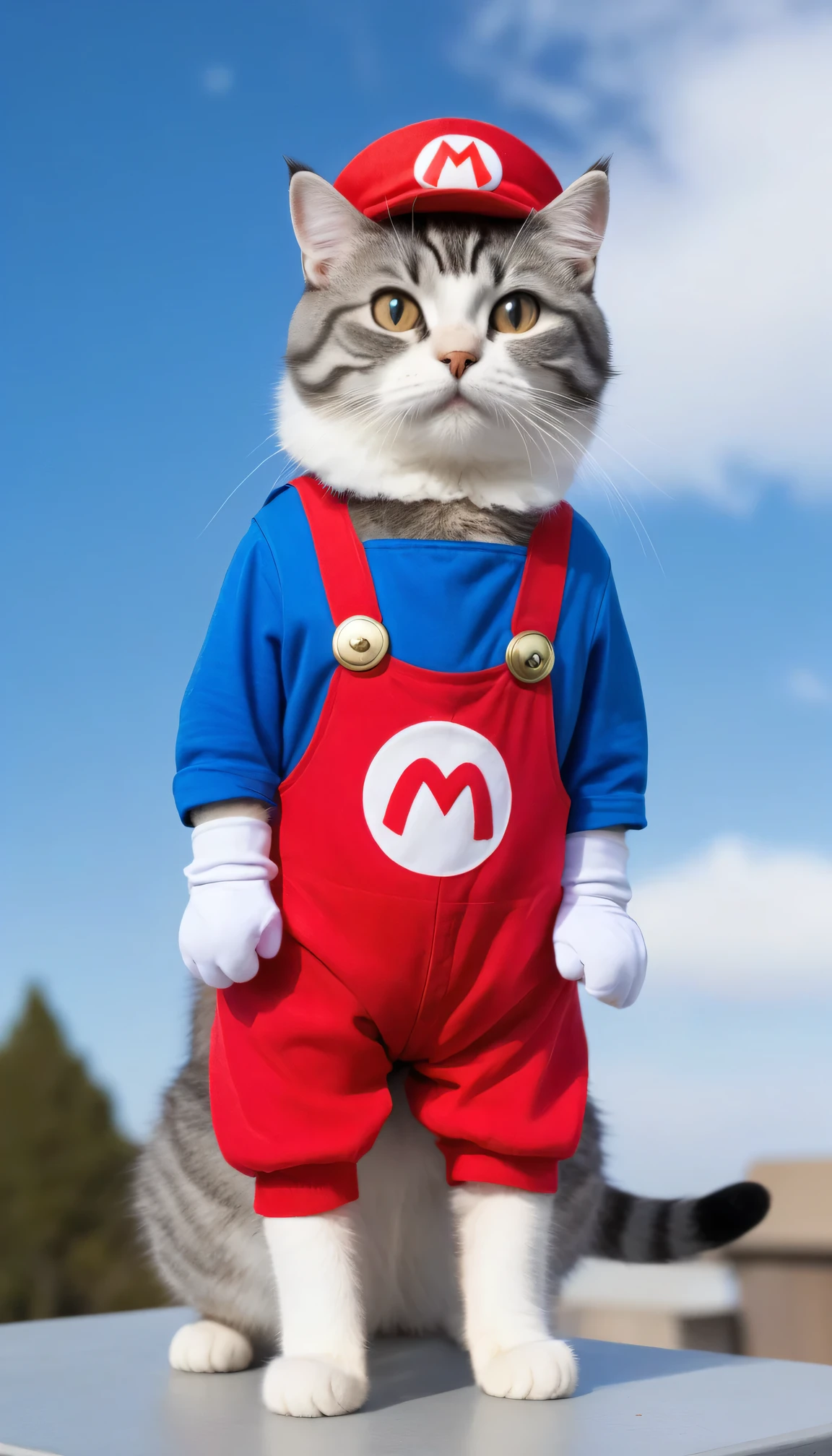 A gray, long-haired American Shorthair cat dressed in a Mario costume. The red hat has a white circle with a red 'M' on it. The cat is wearing blue overalls, which are overall jumpsuit style with two gold buttons on the front. Underneath the overalls, the cat is wearing a red long-sleeve shirt and white gloves. It has a mustache under its nose. The sky is blue, and the cat is standing in place.