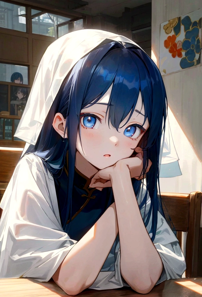 Li Jiaxian&#39;s photo of a Korean woman in a cafe，She sat at the table，Coffee in hand，Sunlight outside the window, Blue Hair, Dynamic poses, Texture, Pale skin, Glowing skin, (Slim, small:1.2), [:(Focus on the face, Delicate face, Perfect eyes, Looking at the audience:1.2):0.2], Reality, Film Grain, best quality, masterpiece 