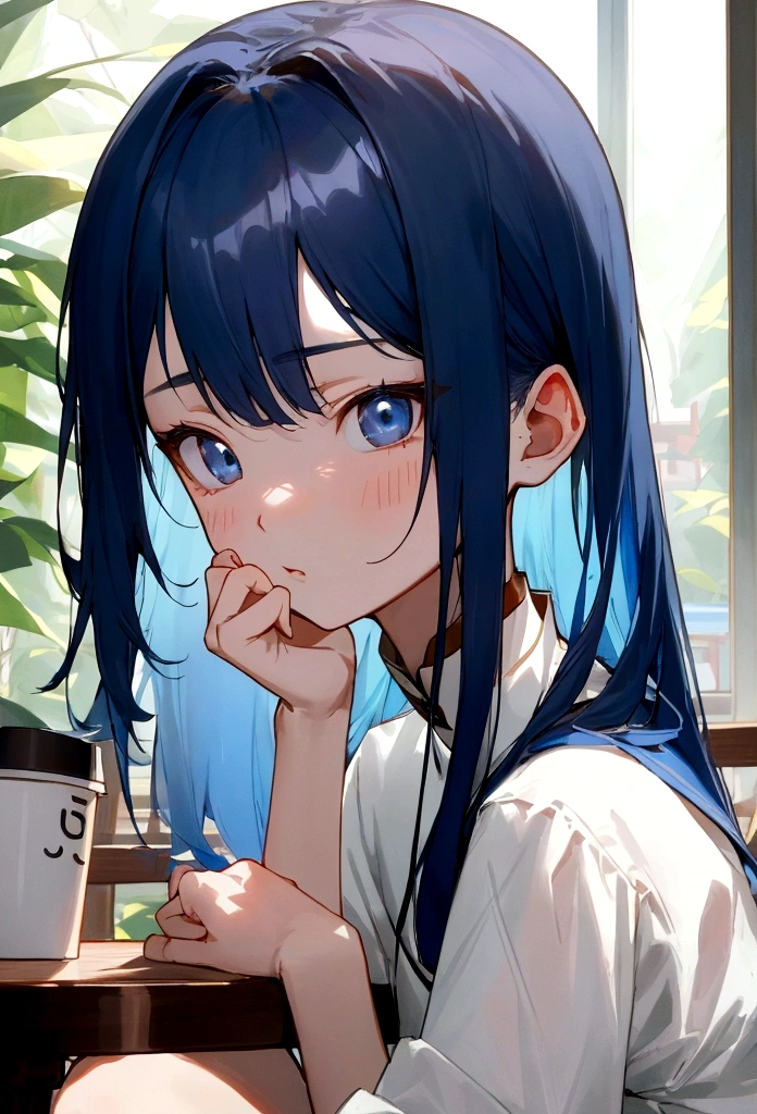 Li Jiaxian&#39;s photo of a Korean woman in a cafe，She sat at the table，Coffee in hand，Sunlight outside the window, Blue Hair, Dynamic poses, Texture, Pale skin, Glowing skin, (Slim, small:1.2), [:(Focus on the face, Delicate face, Perfect eyes, Looking at the audience:1.2):0.2], Reality, Film Grain, best quality, masterpiece 