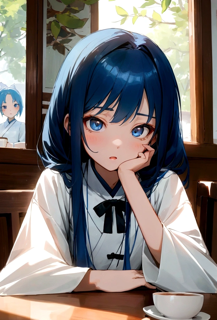 Li Jiaxian&#39;s photo of a Korean woman in a cafe，She sat at the table，Coffee in hand，Sunlight outside the window, Blue Hair, Dynamic poses, Texture, Pale skin, Glowing skin, (Slim, small:1.2), [:(Focus on the face, Delicate face, Perfect eyes, Looking at the audience:1.2):0.2], Reality, Film Grain, best quality, masterpiece 