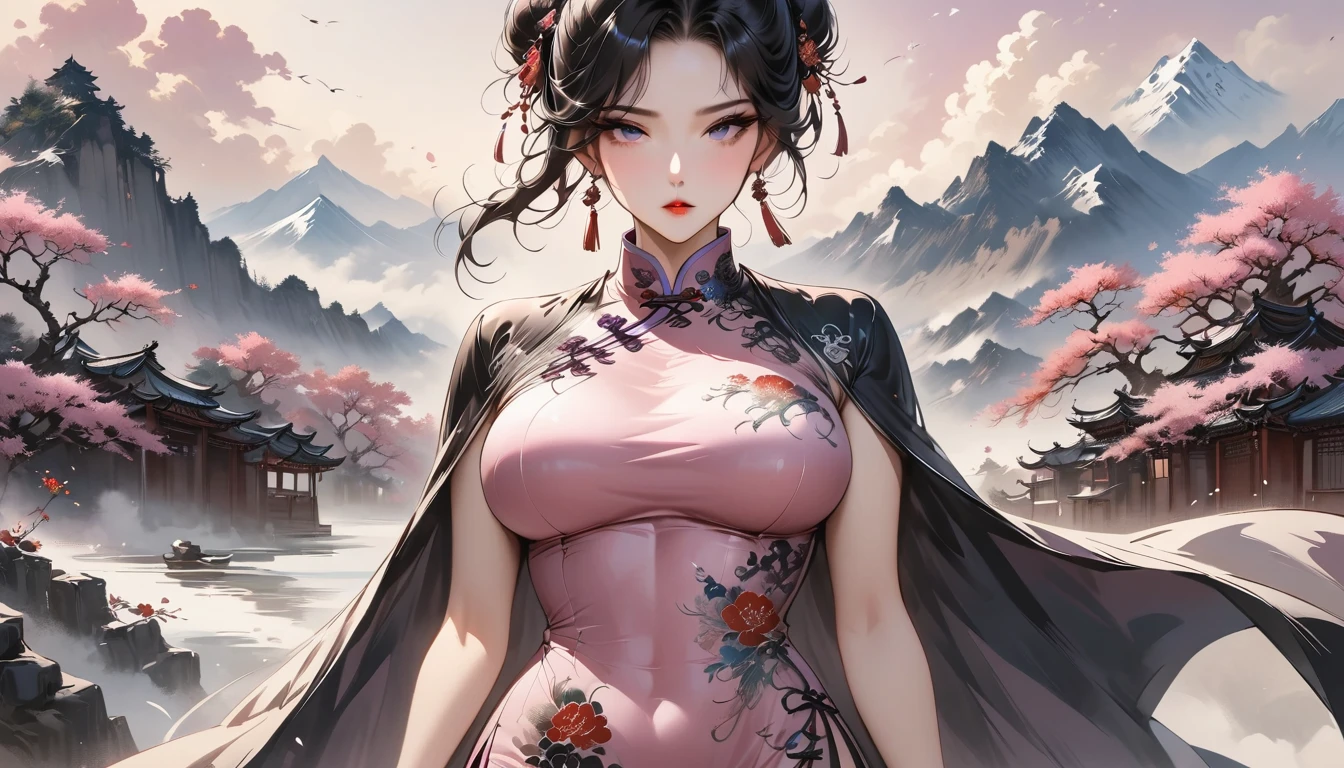 (Masterpiece, Best Quality: 1.3), 1girl, (Conservatively Dressed: 1.8), pink-purple cheongsam, pink-purple qipao, (Mature: 1.0), Cold Eyes, Gorgeous Accessories, Fluttering Cloak, very aesthetic, national painting, Clothing ink painting style, medium shot, hair bun, bangs, high detail, Masterpiece, super detail, best quality