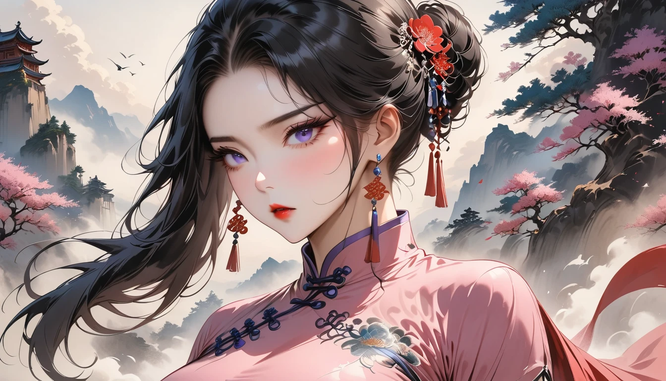 (Masterpiece, Best Quality: 1.3), 1girl, (Conservatively Dressed: 1.8), pink-purple cheongsam, pink-purple qipao, (Mature: 1.0), Cold Eyes, Gorgeous Accessories, Fluttering Cloak, very aesthetic, national painting, Clothing ink painting style, medium shot, hair bun, bangs, high detail, Masterpiece, super detail, best quality