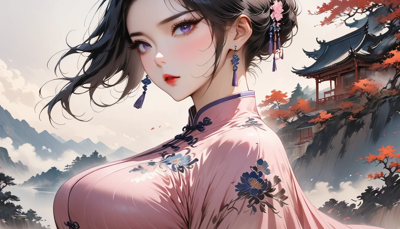 (Masterpiece, Best Quality: 1.3), 1girl, (Conservatively Dressed: 1.8), pink-purple cheongsam, pink-purple qipao, (Mature: 1.0), Cold Eyes, Gorgeous Accessories, Fluttering Cloak, very aesthetic, national painting, Clothing ink painting style, medium shot, hair bun, bangs, high detail, Masterpiece, super detail, best quality