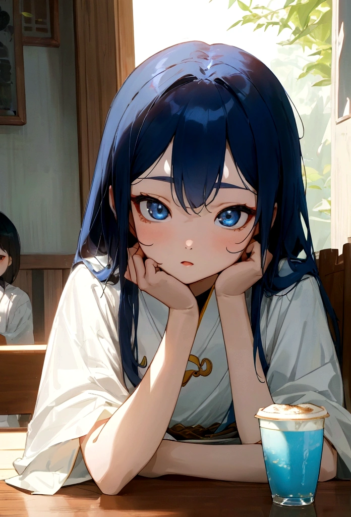 Li Jiaxian&#39;s photo of a Korean woman in a cafe，She sat at the table，Coffee in hand，Sunlight outside the window, Blue Hair, Dynamic poses, Texture, Pale skin, Glowing skin, (Slim, small:1.2), [:(Focus on the face, Delicate face, Perfect eyes, Looking at the audience:1.2):0.2], Reality, Film Grain, best quality, masterpiece 