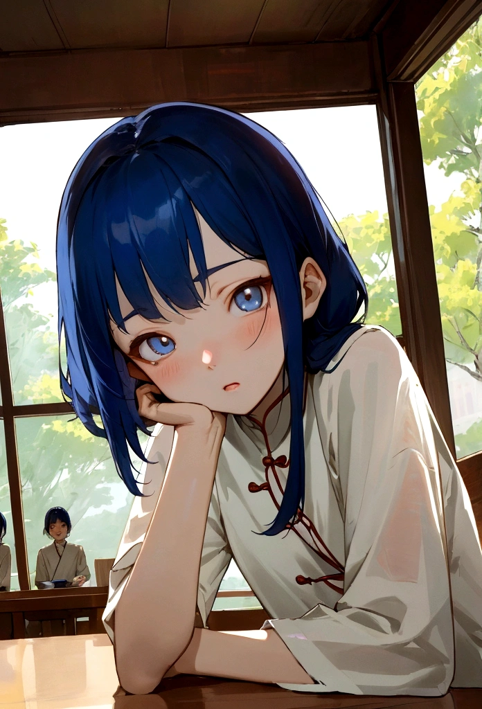 Li Jiaxian&#39;s photo of a Korean woman in a cafe，She sat at the table，Coffee in hand，Sunlight outside the window, Blue Hair, Dynamic poses, Texture, Pale skin, Glowing skin, (Slim, small:1.2), [:(Focus on the face, Delicate face, Perfect eyes, Looking at the audience:1.2):0.2], Reality, Film Grain, best quality, masterpiece 