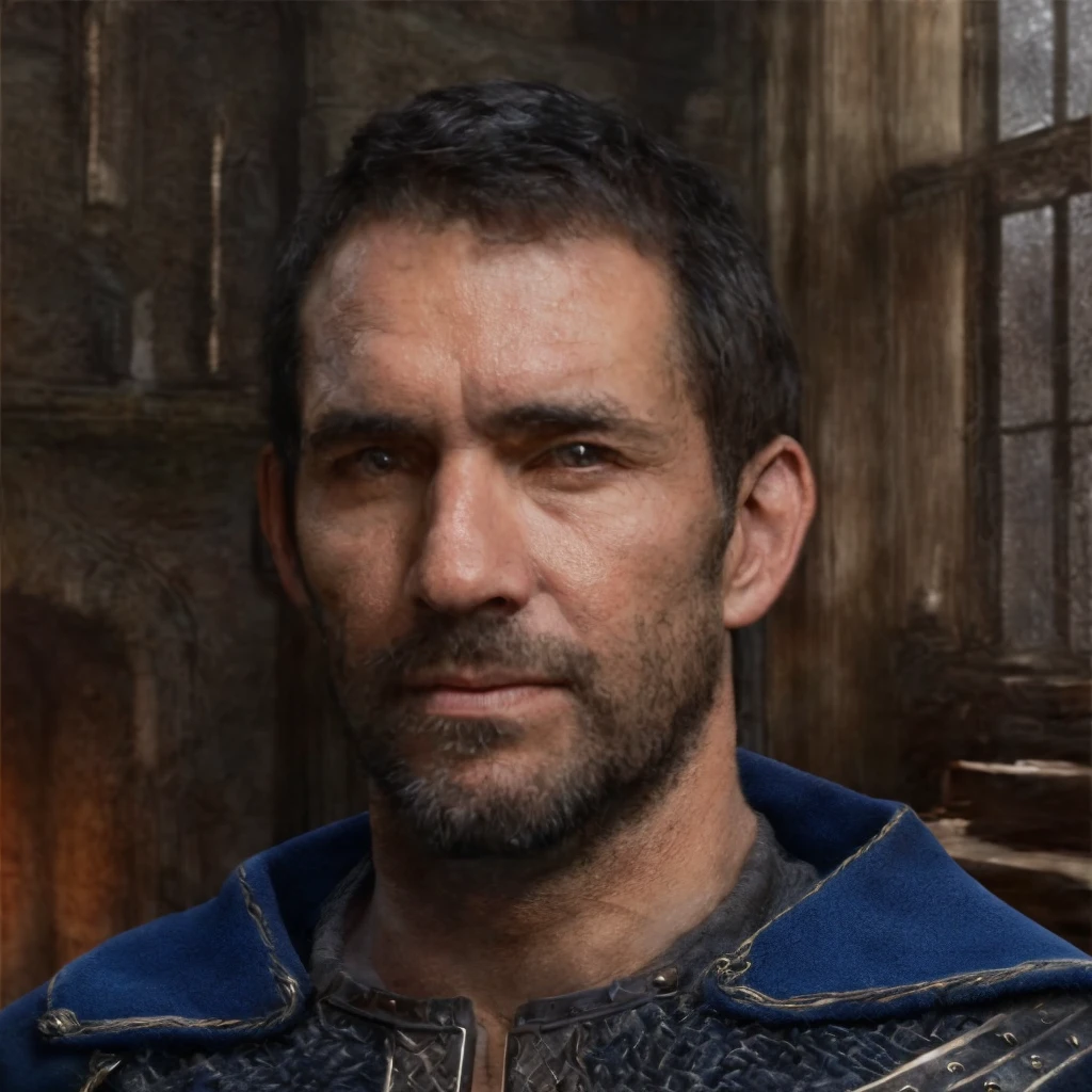 (masterpiece)+, (extremely (realistic)+,a portrait of an ugly adult male small town bailiff, wearing blue coat and chainmail shirt, skin imperfections, Focused stare. Looking in camera. volumetrics dtx, Photorealistic, ultra detailed, Artstation trending, very very detailed, realistic shaded lighting, dynamic shadows, detailed Blurred fantasy bright vast wheat fields and villagers houses background, upper body, professional photograph of a detailed skin, sharp focus, dramatic, award winning, cinematic lighting, octane render, unreal engine, volumetrics dtx, Photorealistic, ultra detailed, Artstation trending, very very detailed, hyperrealistic, fine details, realistic shaded lighting, dynamic shadows, Blurred fantasy bright vast wheat fields and villagers houses background, add_detail:1, skin pores and wrinkles, details.,More Reasonable Details