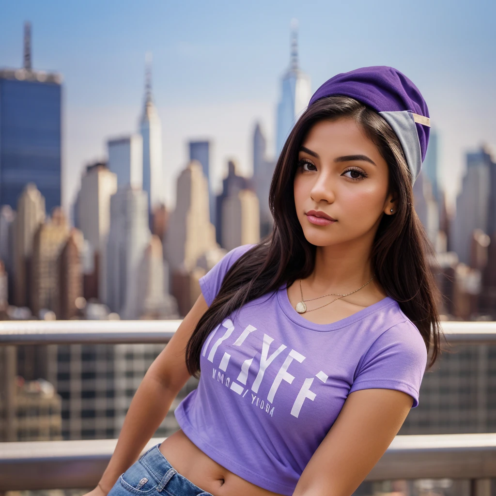 Professional looking photo mockup for a Bella canvas t shirt, a adult age 22 urban hispanic woman wearing a plain, heather team purple color t shirt and a yankee hat, front  view for the photo, a NYC  background that has a blurred portrait effect 